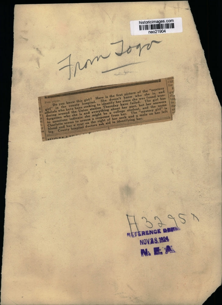 1924 Press Photo Mystery Girl found near Union Station - neo21904