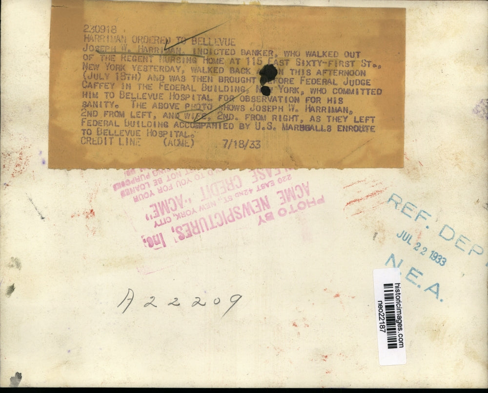 1933 Press Photo Joseph W. Harriman committed to Bellevue Hospital for Sanity