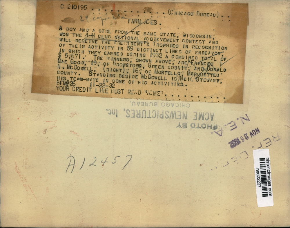 1932 Press Photo F MaeGood, D McDowell & N Stewart, Winners of 4H Nat'l Contest