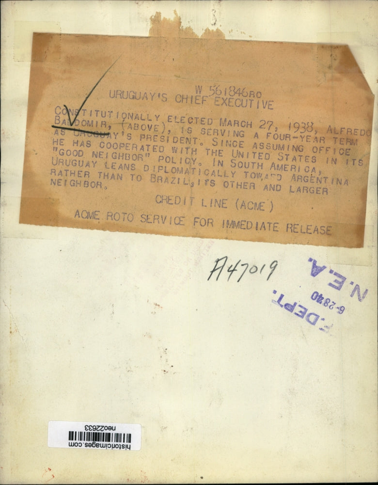 1940 Press Photo Alfredo Baddomir Uruguay President - neo22633