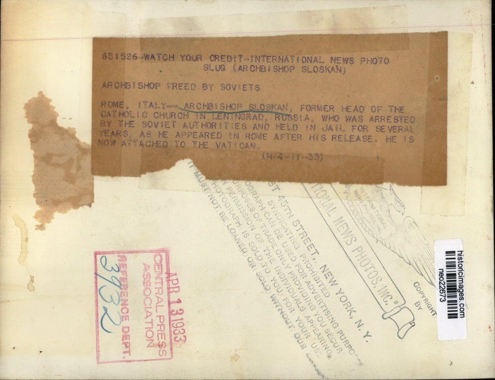 1933 Press Photo Archbishop Sloskan, Former Head of Catholic Church in Leningrad