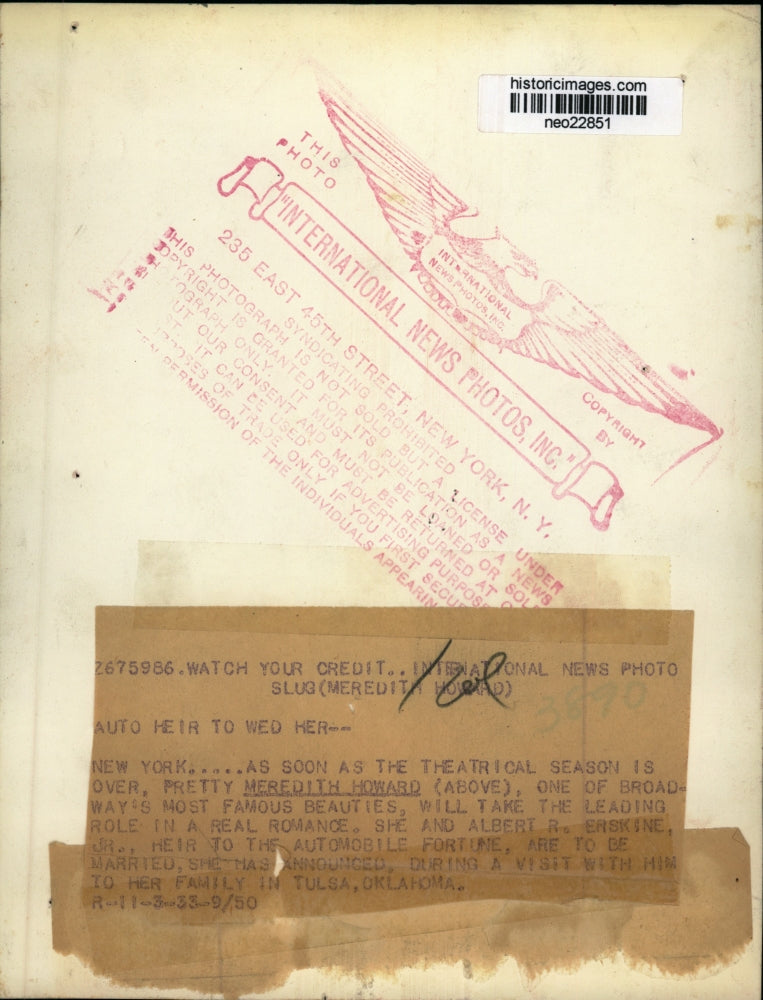 1933 Press Photo Meredith Howard Takes Leading Role in Broadway Romance