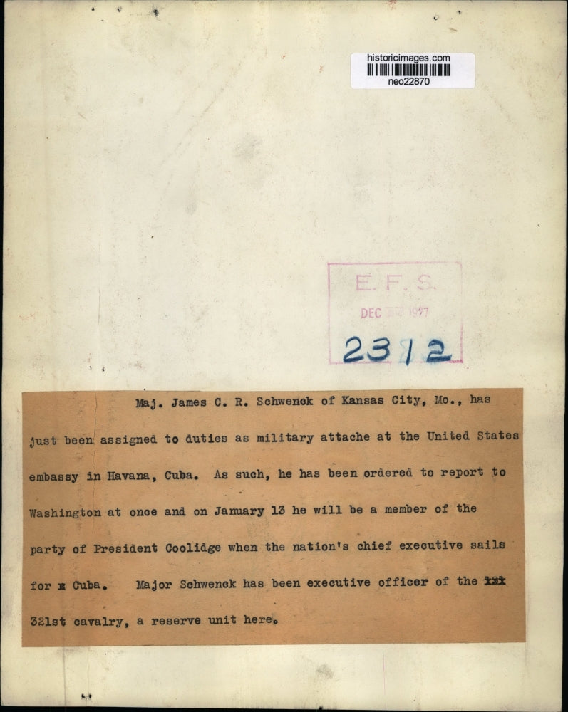 1927 Press Photo Major James CR Schwenck of Kansas City MO in Cuba - neo22870