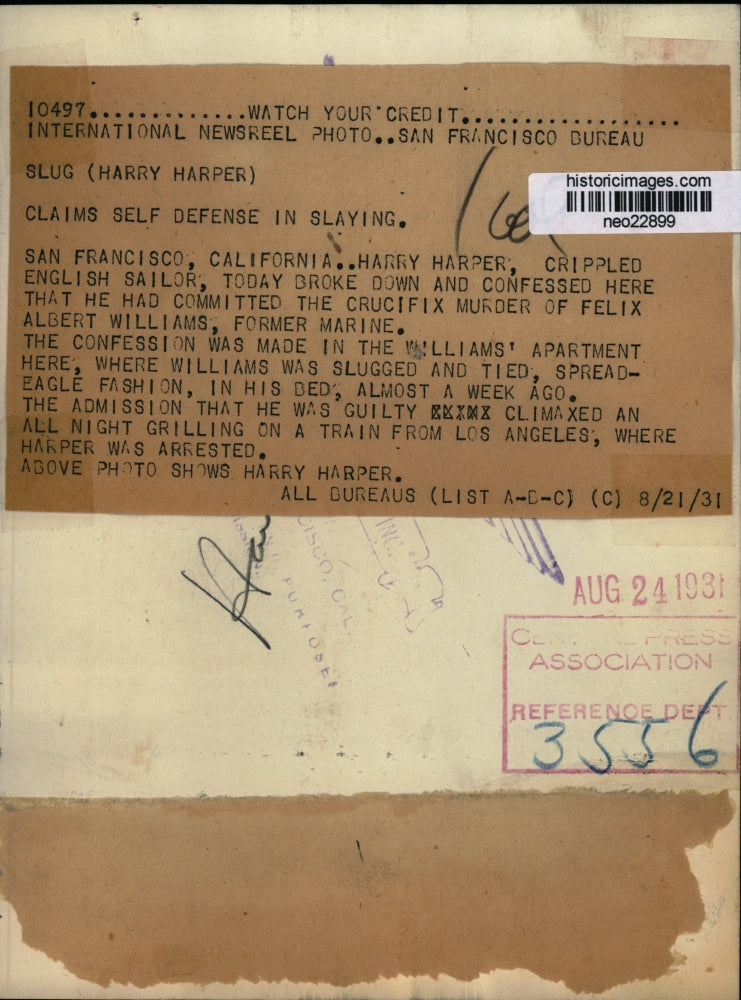 Load image into Gallery viewer, 1931 Press Photo Harry Harper Confesses to Felix Albert Williams Murder, CA
