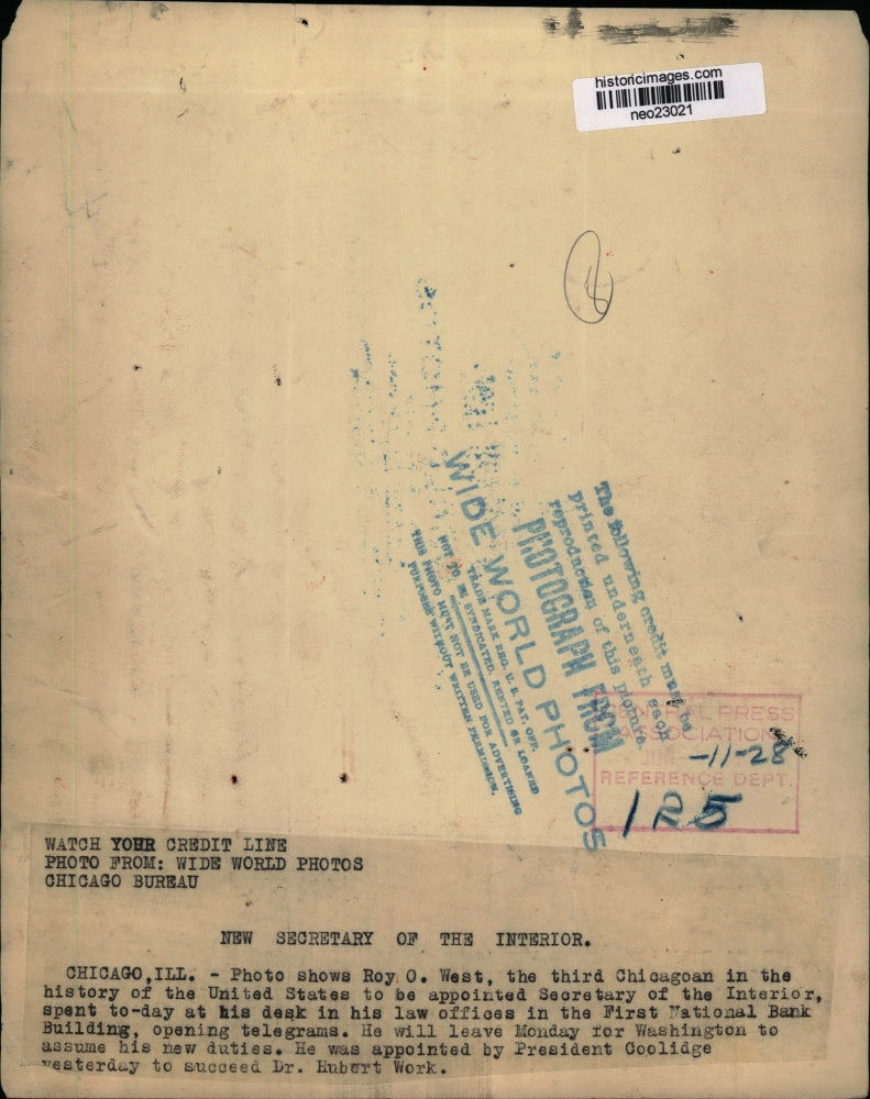 1928 Press Photo Roy O. West, New Secy of Interior, in First Nat'l Bank Office