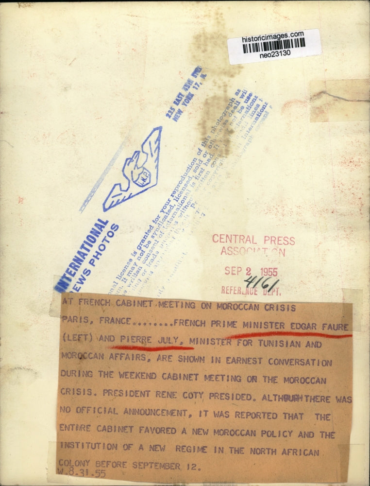 1955 Press Photo Edgar Faure, Pierre July meeting on Moroccan Crisis - neo23130