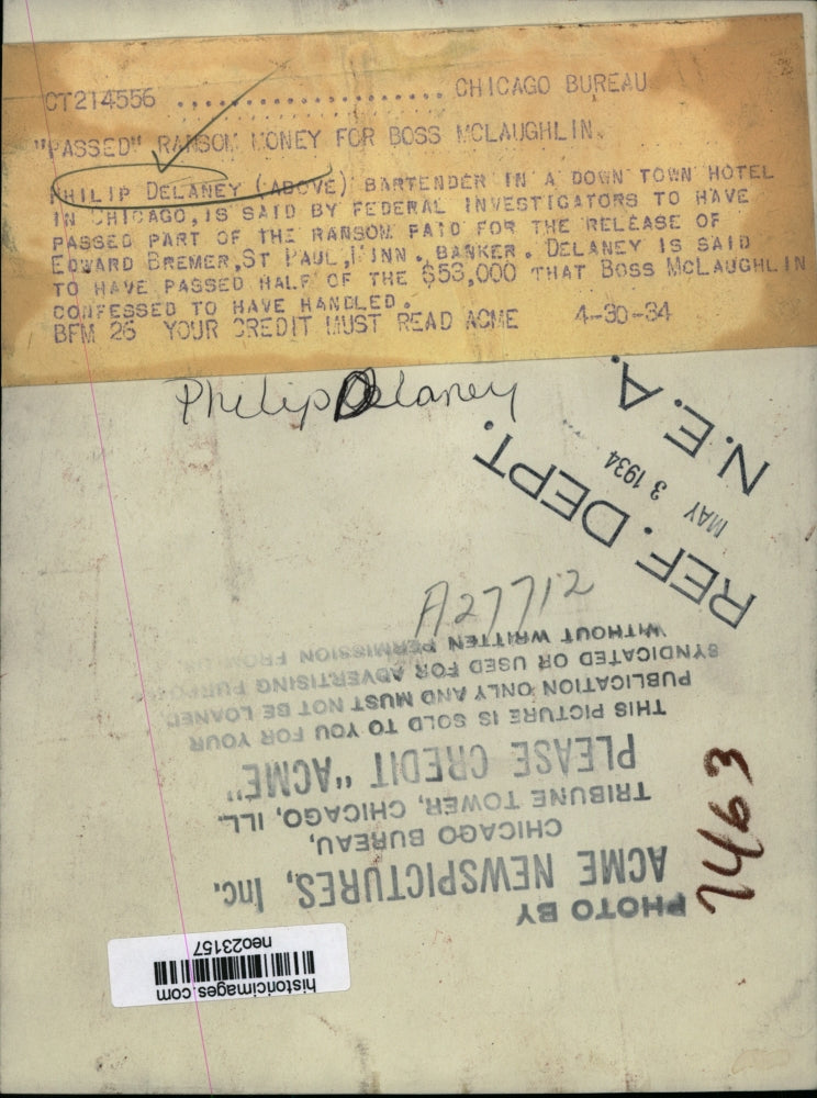 1934 Press Photo Philip Delaney "Passed" ransom money for boss McLaughlin