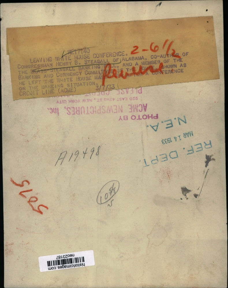 1933 Press Photo Congressman Henry Steagall of Alabama at White House