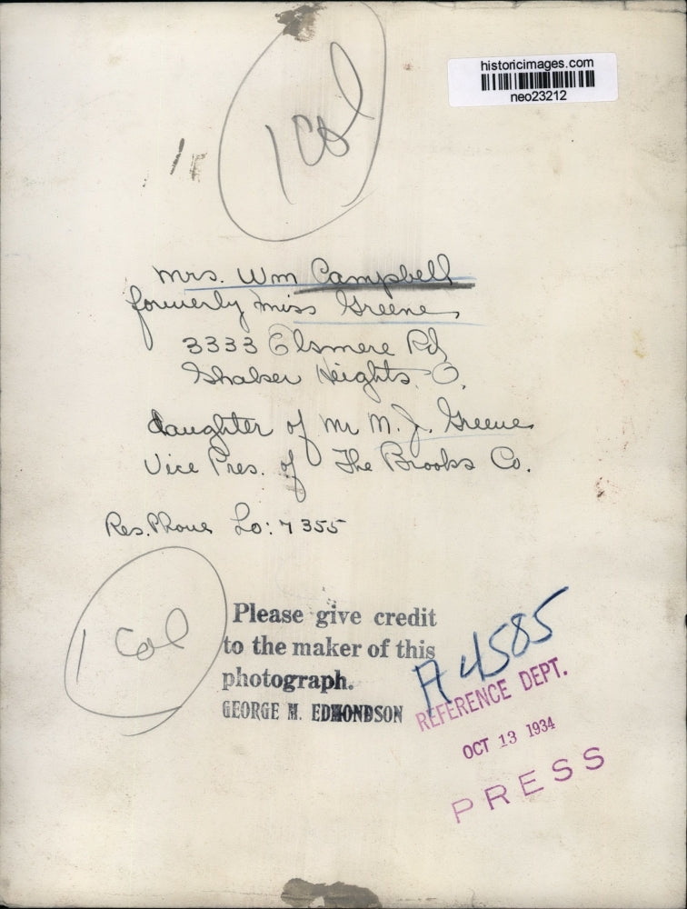 1934 Press Photo Mrs William Campbell nee Miss Greene - neo23212