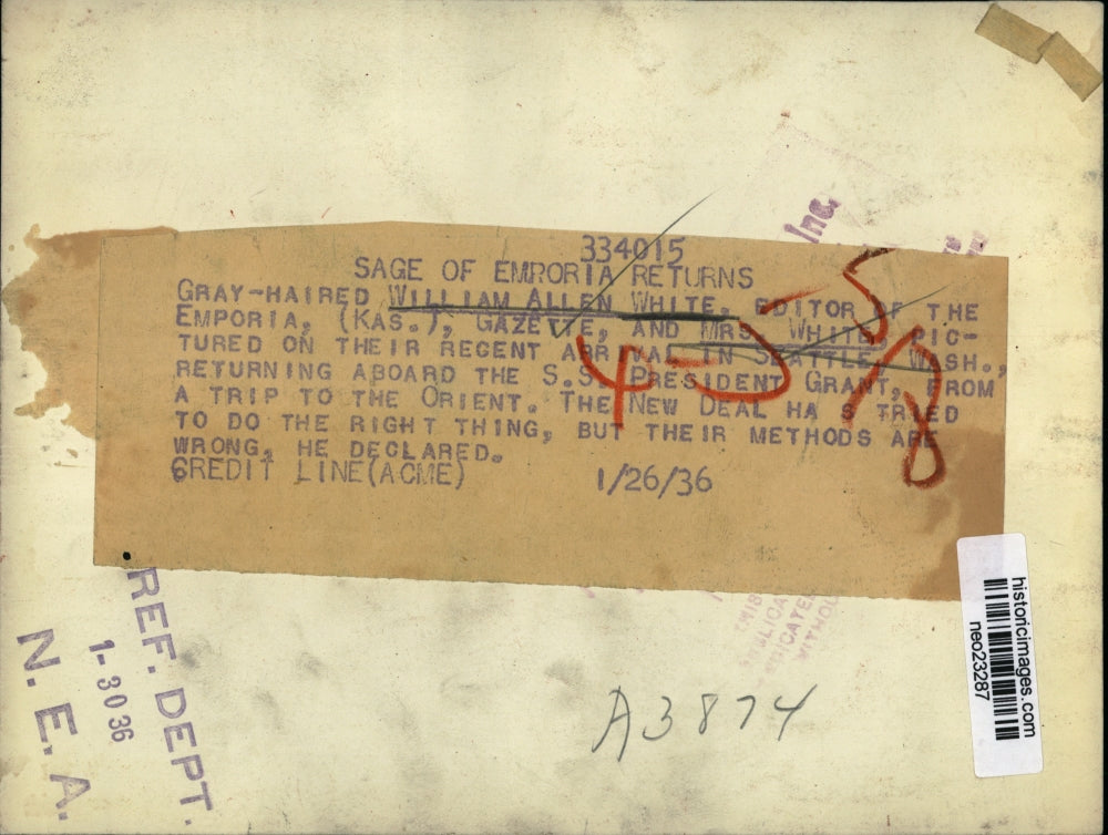 1936 Press Photo Publisher of Emporia Kansas Gazette William Allen White & wife