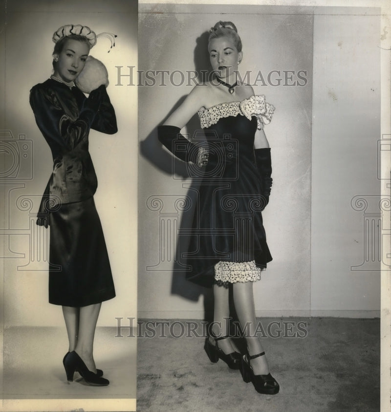 Load image into Gallery viewer, 1946 Press Photo Satin slip dress with velvet pantalette &amp; lace petticoats
