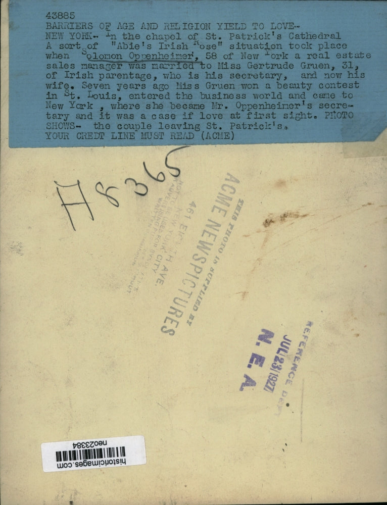 1927 Press Photo Solomon Oppenheimer weds Gertrude Gruen in NYC - neo23384