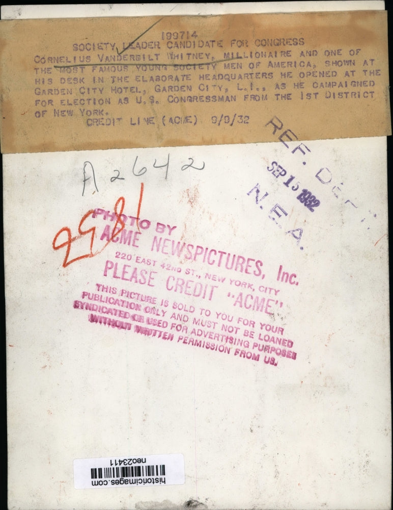 1932 Press Photo Cornelius Vanderbilt Whitney, Millionaire, at Garden City Hotel