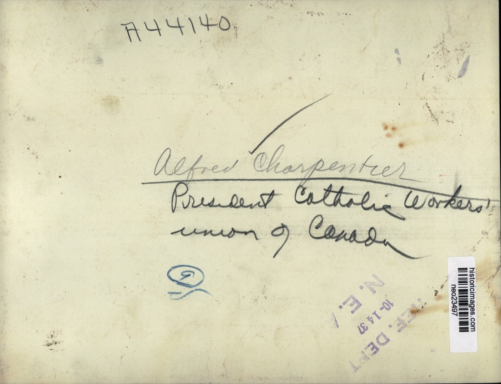 1937 Press Photo Alfred Carpenter, Pres of Catholic Workers Union of Canada