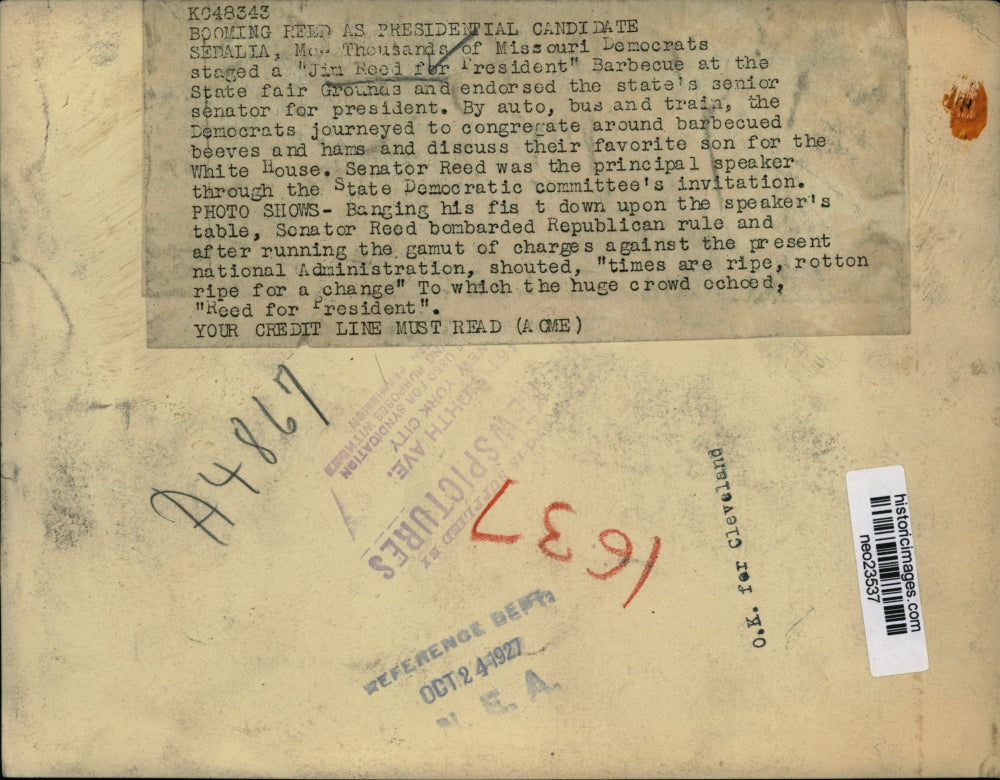 1927 Press Photo Jim Reed, Endorsed at State Fair for President. - neo23537