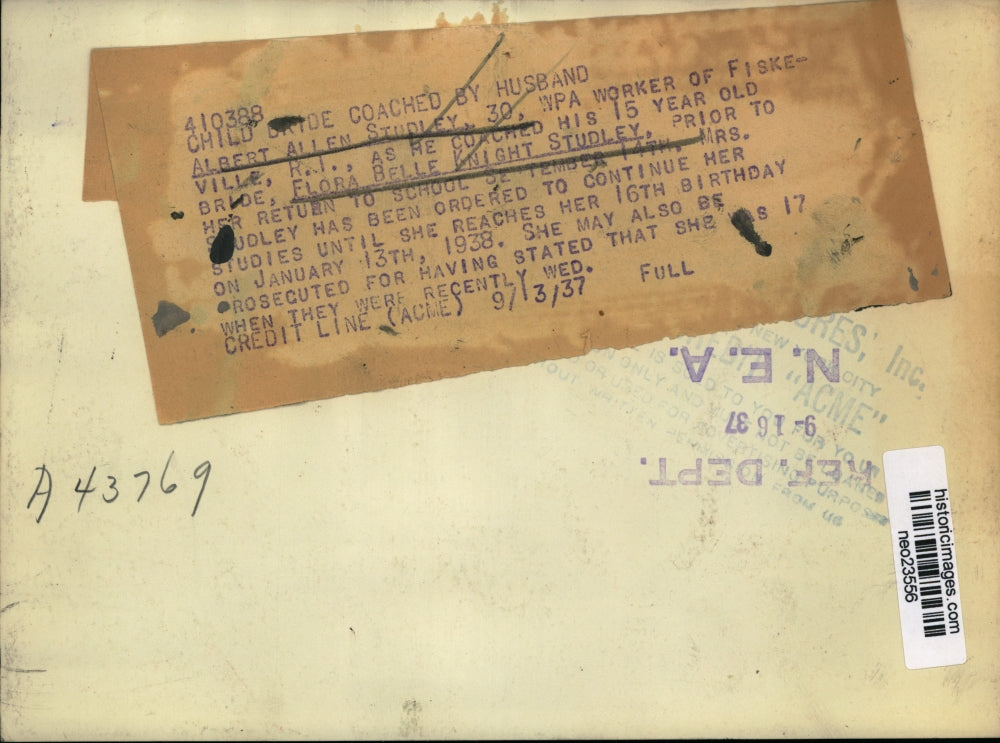 1937 Press Photo Albert Studley & Child Bride Flora Belle Knight, Rhode Island