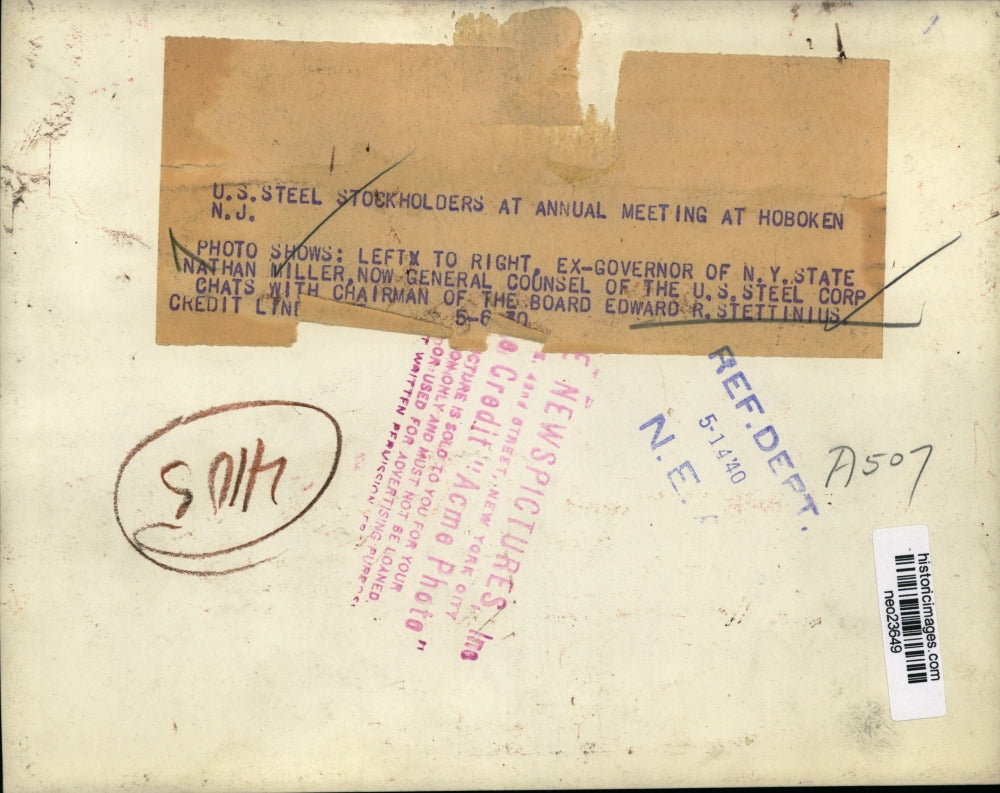 1940 Press Photo Nathan Miller, Edward Stettinius at Steel Stockholders Meeting