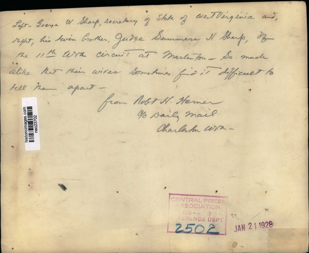 1928 Press Photo Brothers George Sharp, Judge Summers Sharp of West Virginia