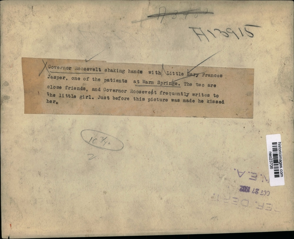 1932 Press Photo Governor Roosevelt Meets Mary Frances Jasper of Warm Springs