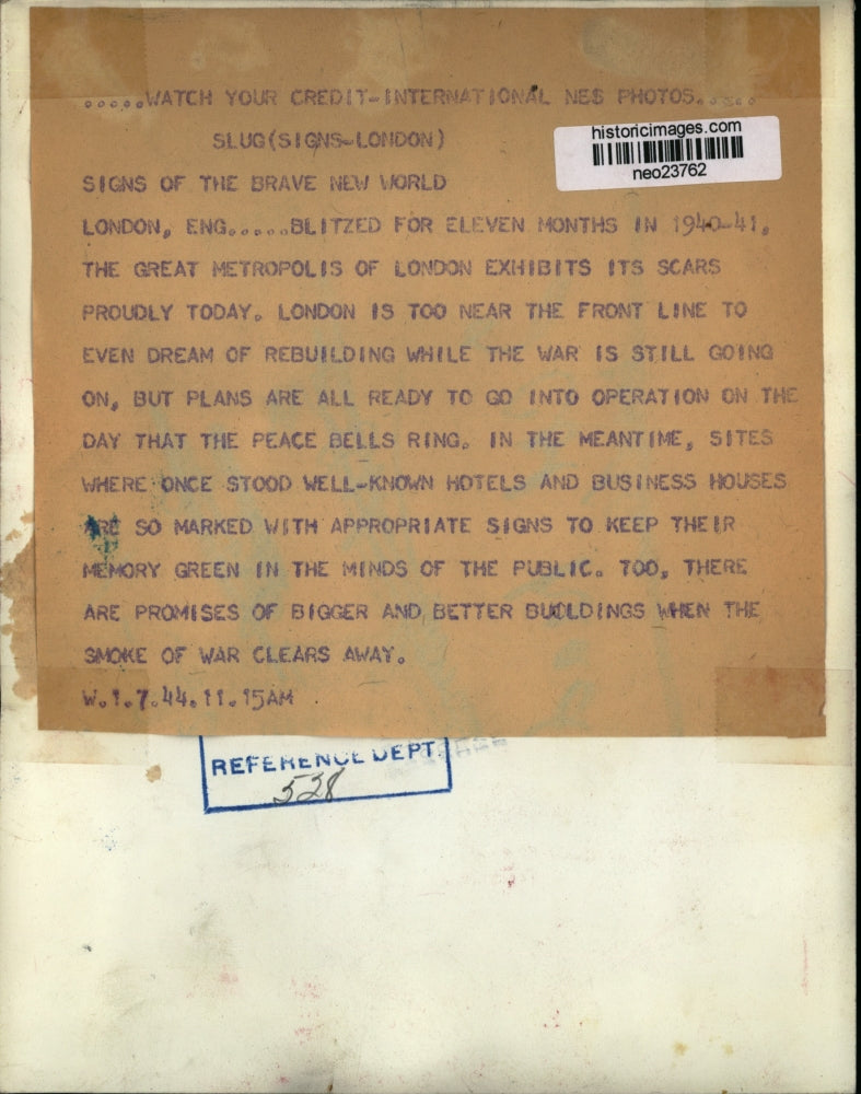 1944 Press Photo Signs To Keep Memory Green in London When Peace Bells Ring