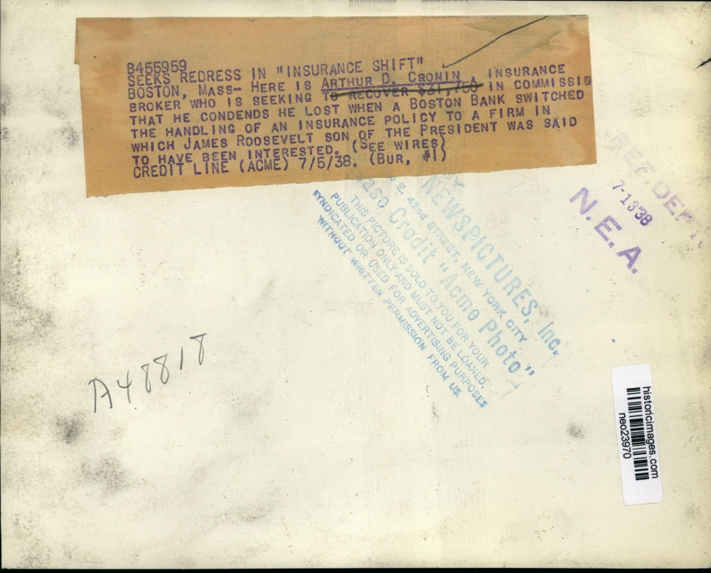 1938 Press Photo Arthur D Cronin of Boston Who Seeks to Recover Commission