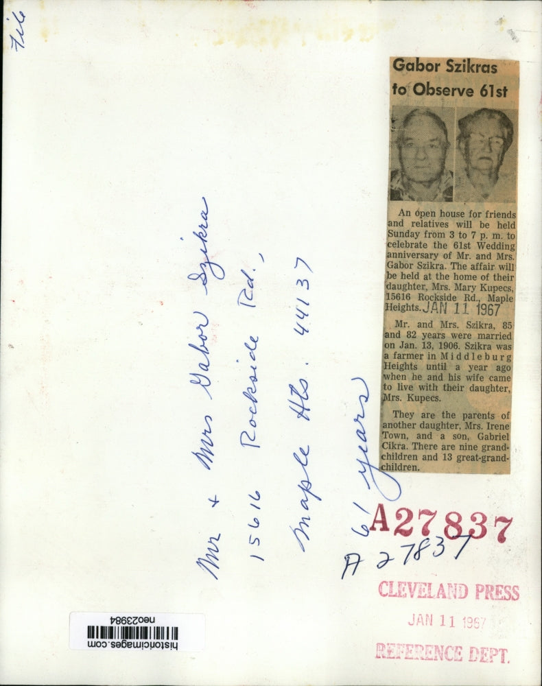 1957 Press Photo Mr &Mrs Gabor Szikras for 61st anniversary in Cleveland Ohio