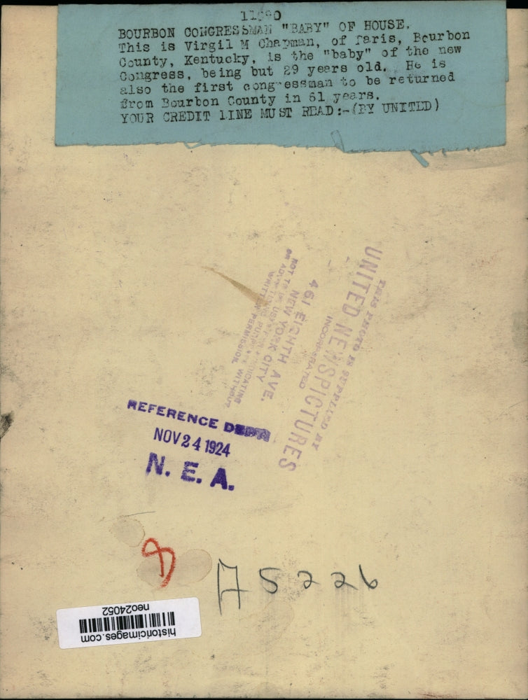 1924 Press Photo Virgil M Chapman of Paris Kentuky new Congressman - neo24052