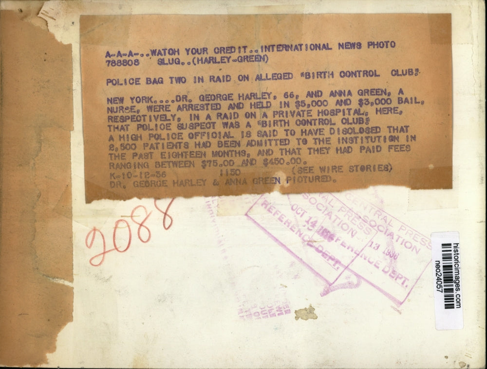 1936 Press Photo Dr George Harley & Anna Green nurde arrested in NY raid