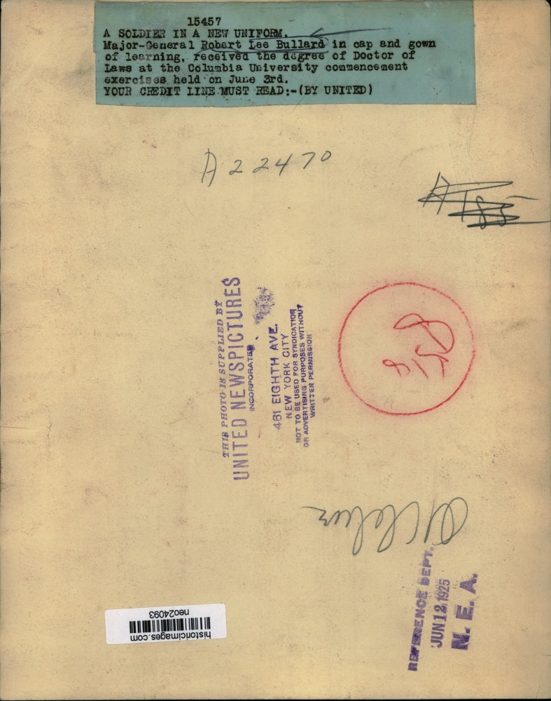 1925 Press Photo Maj Gen Robert Lee Gets Doctorate of Law at Columbia University