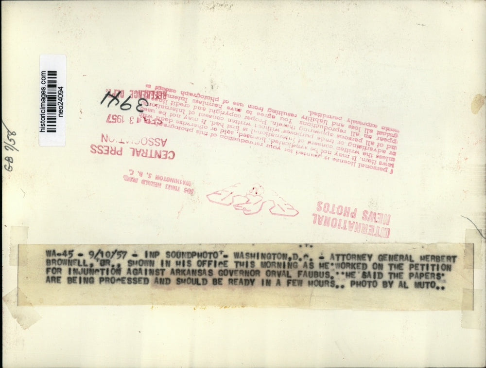 1957 Press Photo Attorney General Herbert Brownell Jr - neo24094