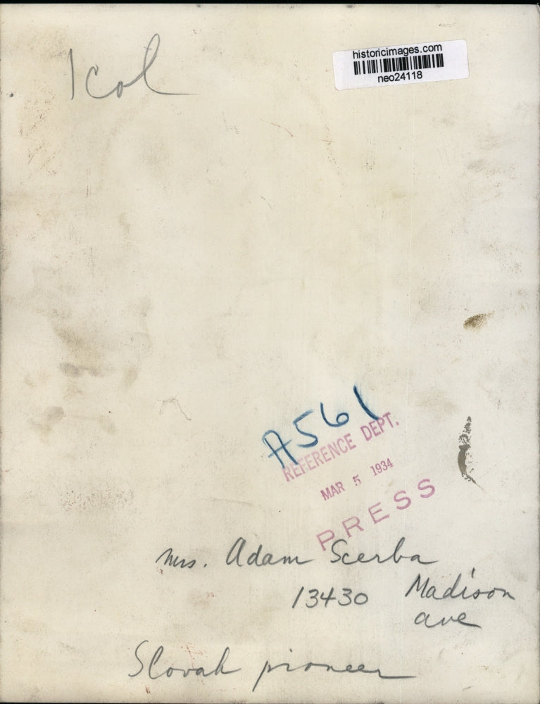1934 Press Photo Mrs. Adam Scerba, Slovak Pioneer - neo24118