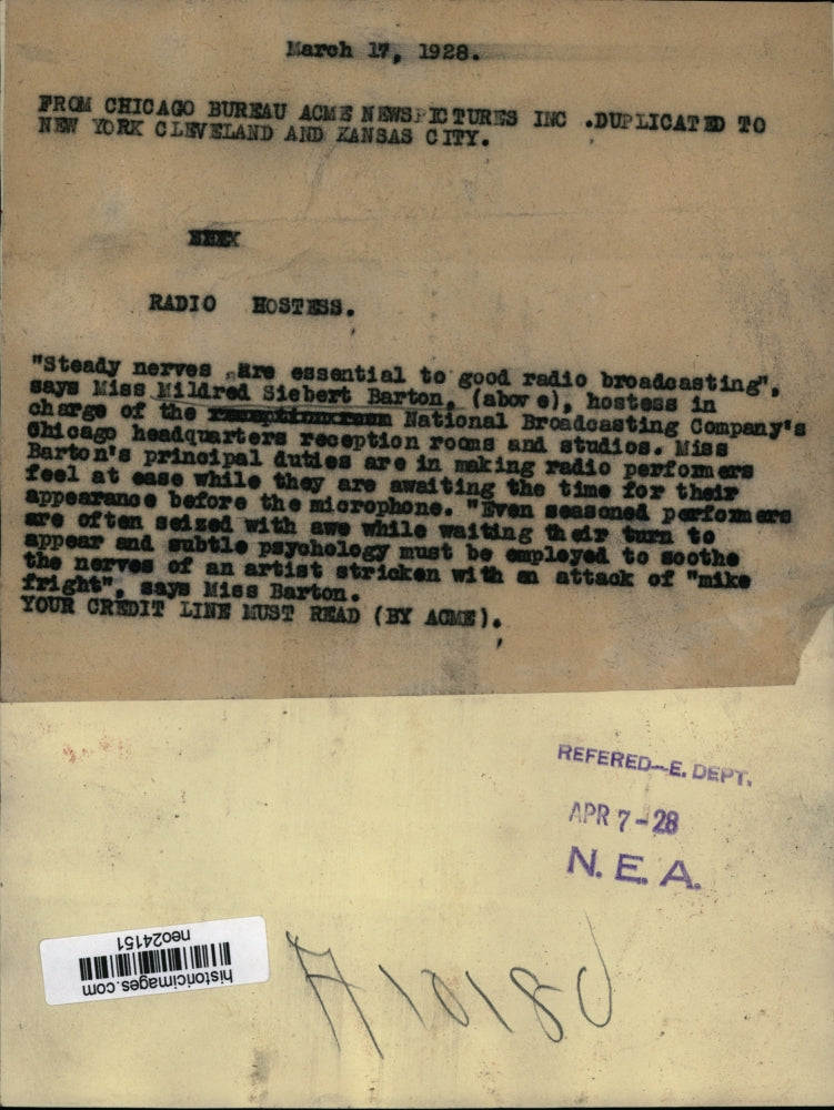 1928 Press Photo Mildred Siebert Barton of NBC Radio Chicago Reception