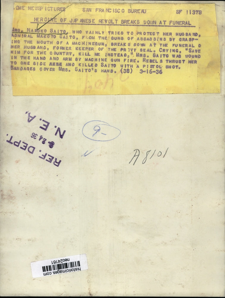 1936 Press Photo Haruko Saito at Husband Admiral Makoto Saito's Funeral, Japan