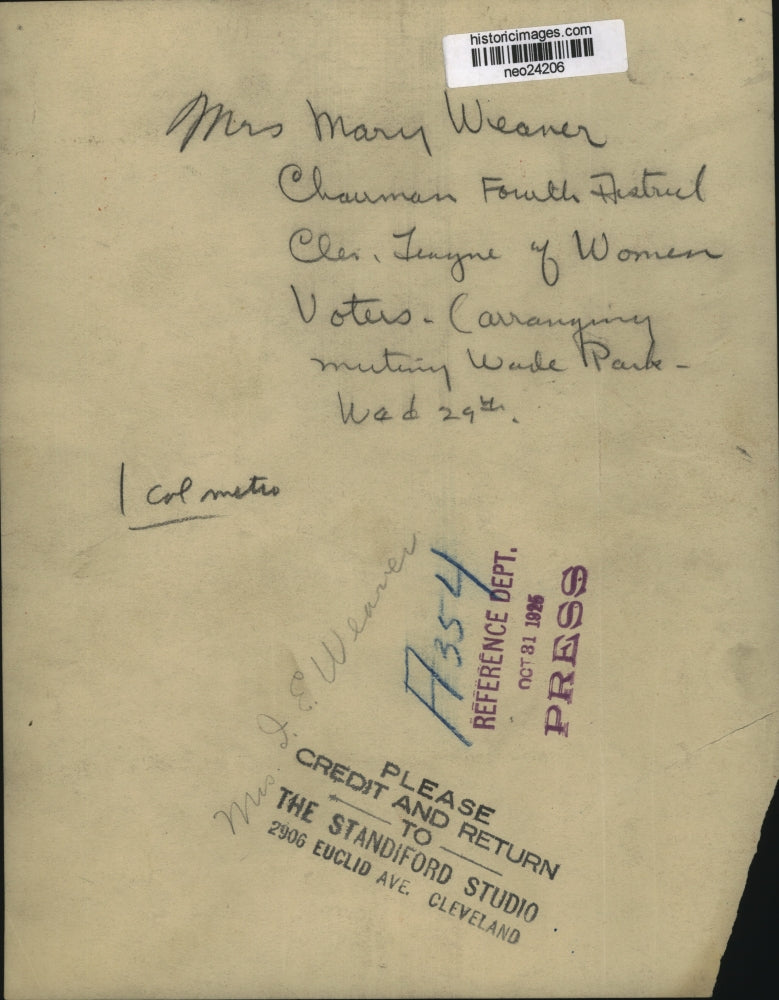 1925 Press Photo Mrs Mary Weaver Chairman of Cleveland League of Women