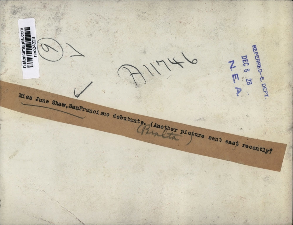 1928 Press Photo Miss June Shaw, San Francisco Debutante - neo24323