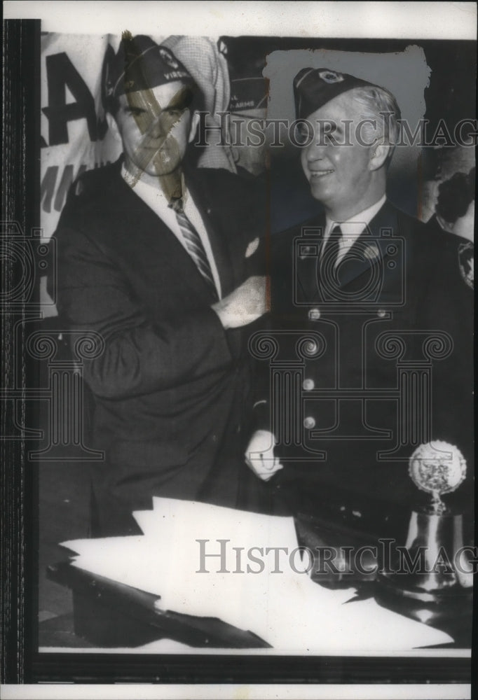 1957 Press Photo J S Gleason R, Gets a New Cap From Retiring Commander W Daniel- Historic Images