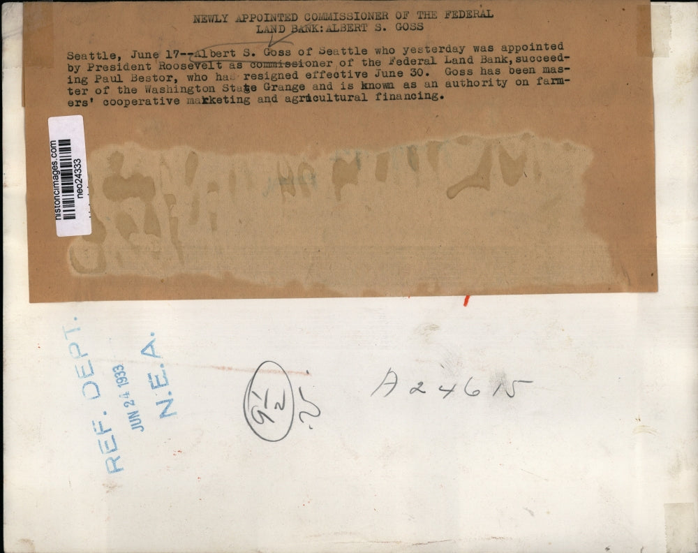 1933 Press Photo Albert Goss Appointed Comm of Fed Land Bank by Pres Pooosevelt