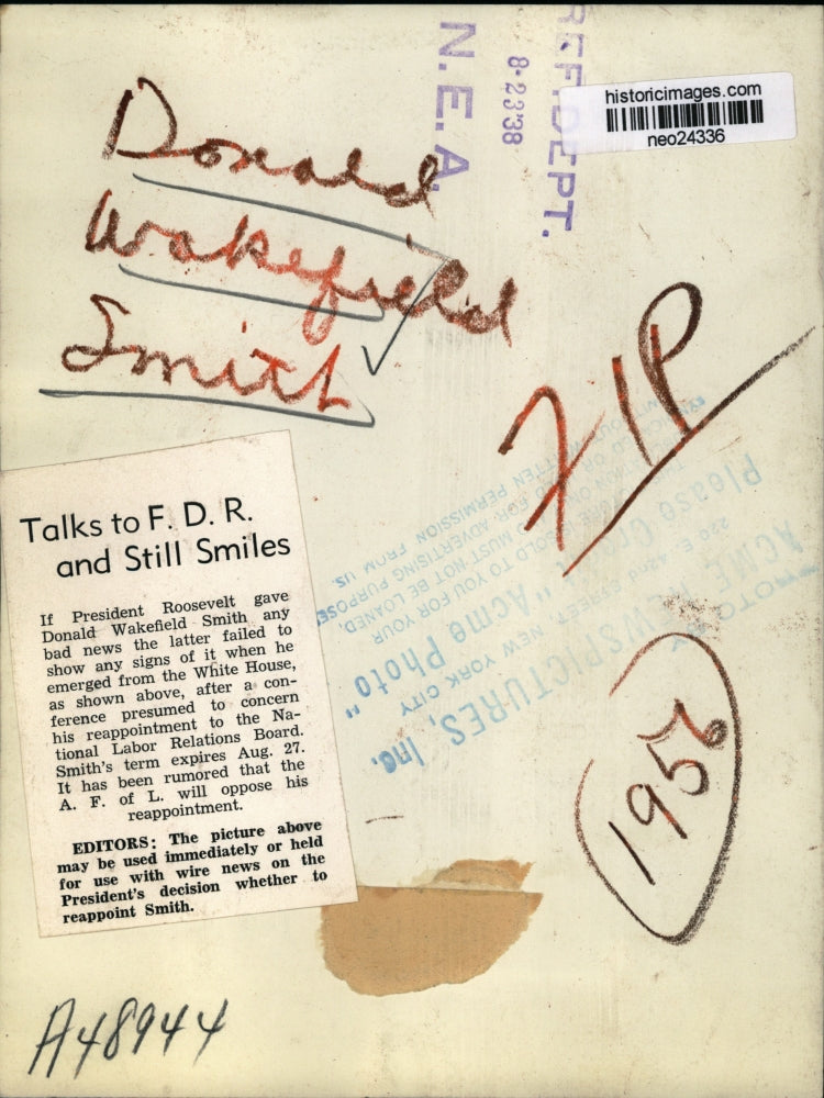 1938 Press Photo Donald Wakefield Smith at the White House - neo24336
