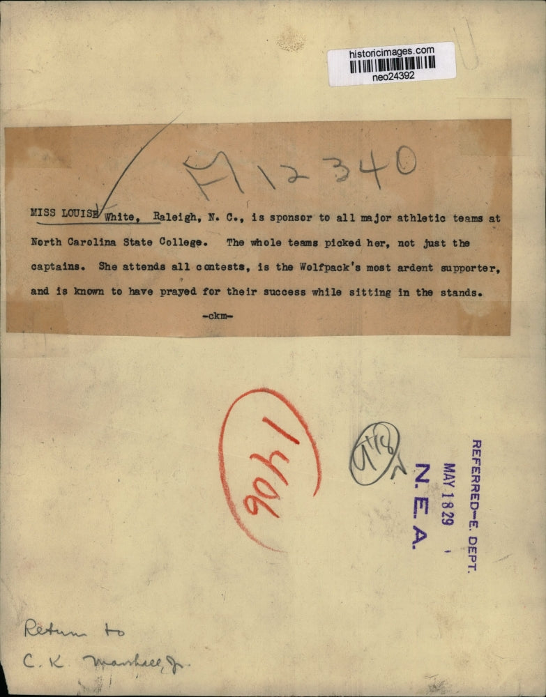 1929 Press Photo Louise White, athletics sponsor at North Carolina State College