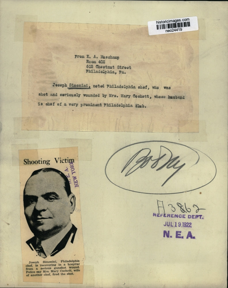 1922 Press Photo Joseph Simenini Philadelphia chef shot by Mrs Mary Cochett