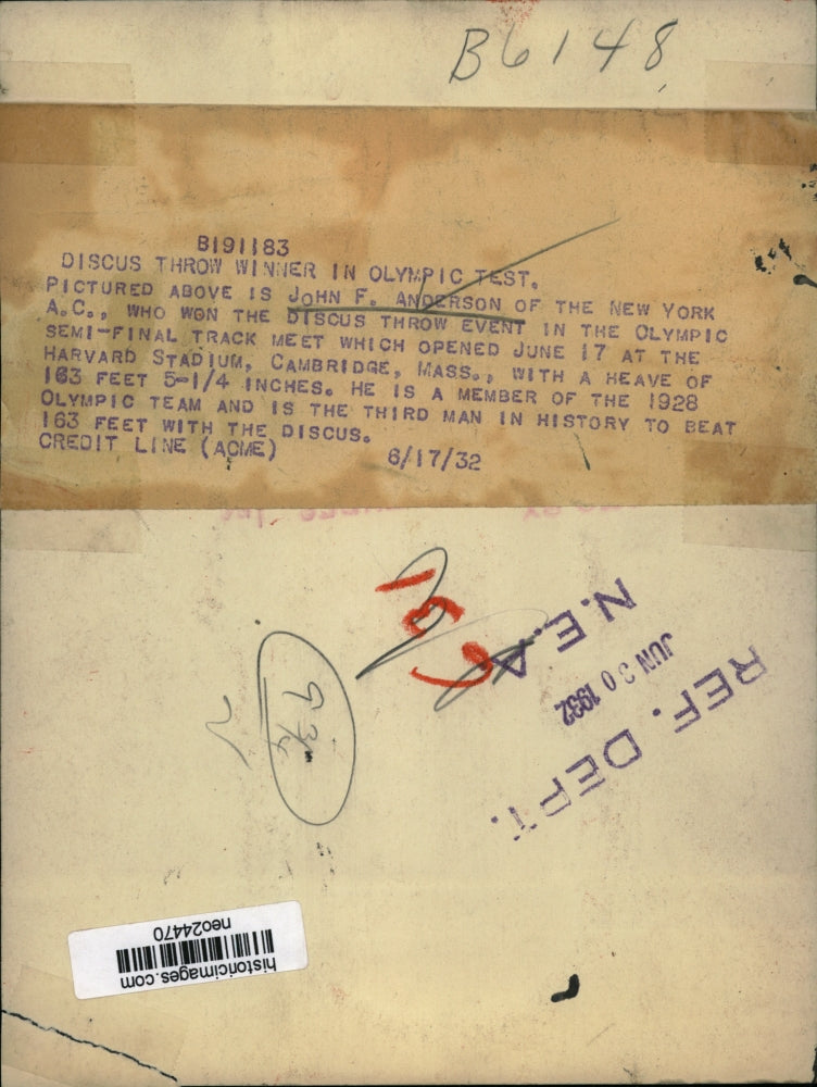 1932 Press Photo John F Anderson wins discus at Olympic trials 163' 5 1/4"