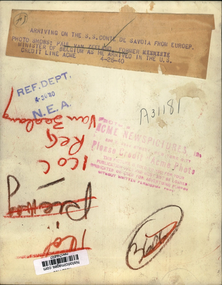 1940 Press Photo Paul Van Zeelans former Minister of Belgium arrives in US