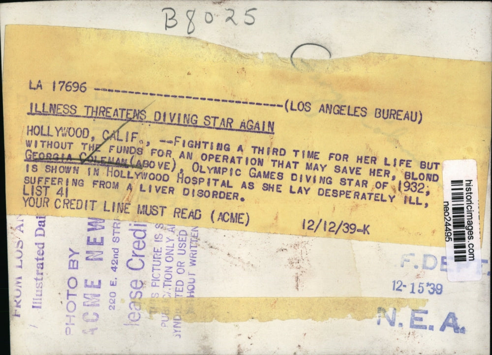 1939 Press Photo Georgia Coleman Olympic diving star in CA hospital for liver