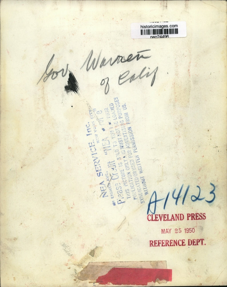 1950 Press Photo California Governor Warren - neo24496