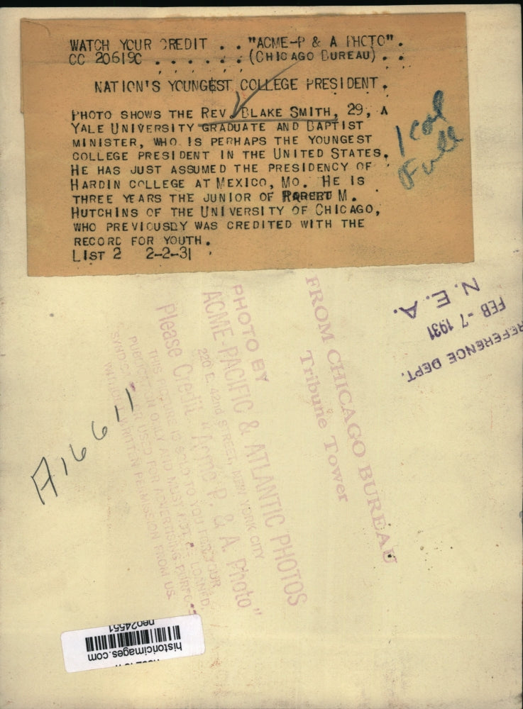 1931 Press Photo Rev Blake Smith Baptist Minister president of Hardin College