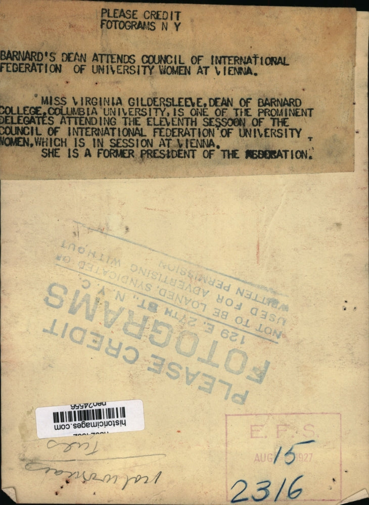 1927 Press Photo Virginia Gildersleeve Dean of Barnard College - neo24556