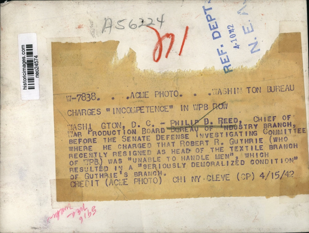 1942 Press Photo Phillip B Reed Chief of War production Board in DC - neo24574