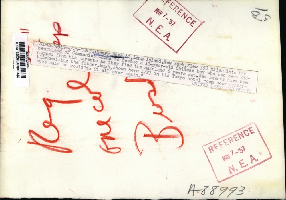 1957 Press Photo Henry Bush flew to China to rescue 13 year old kidnap victim