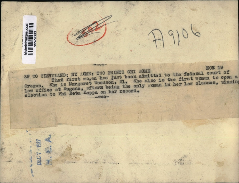 1927 Press Photo Margaret Woodson, Oregon Federal Court - neo24680