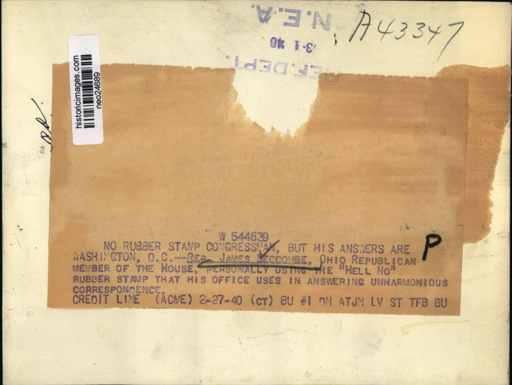 1940 Press Photo Congressman James Secombe Using "Hell No" Rubber Stamp